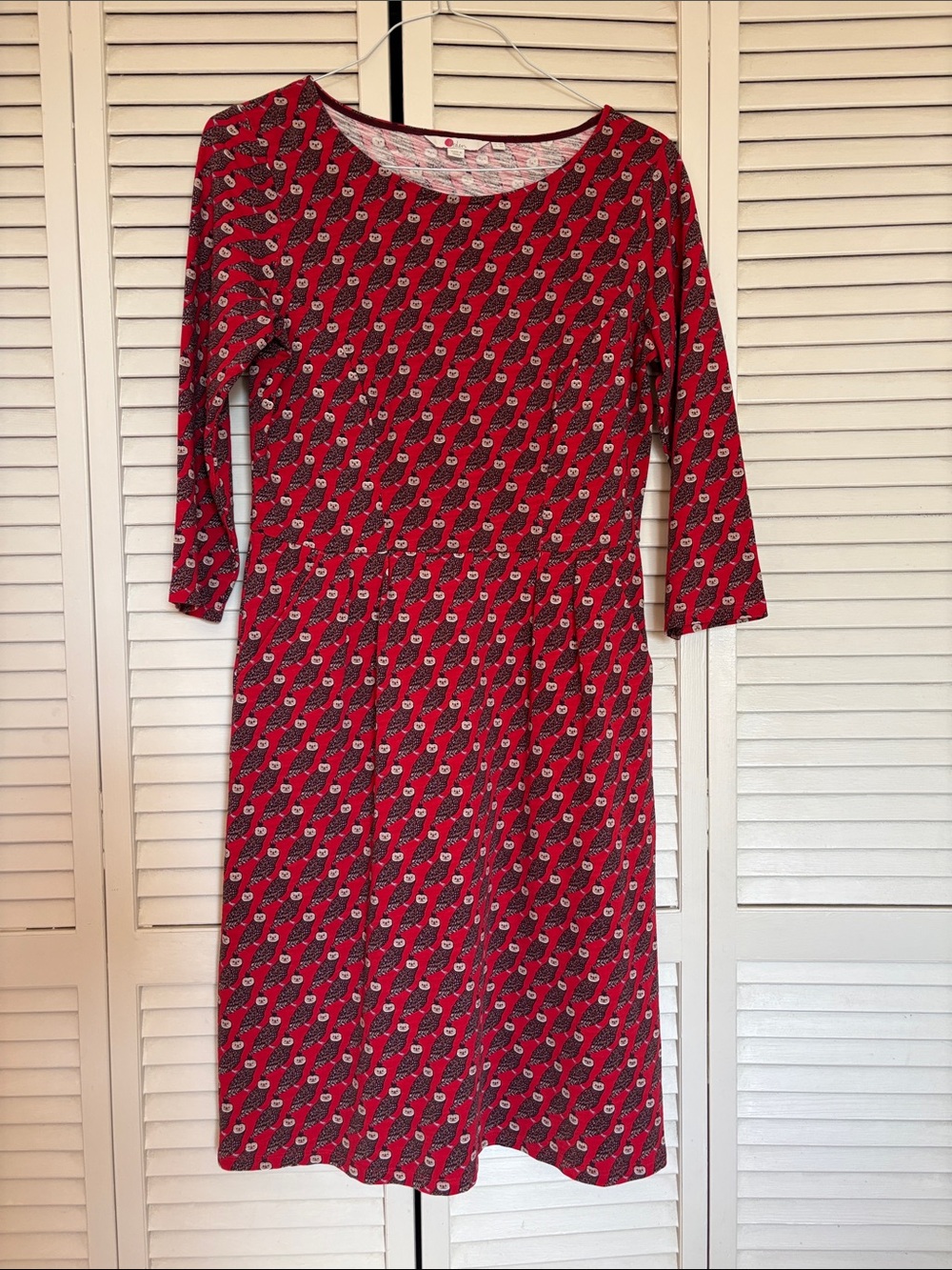 Boden Red Diagonal Pattern Long-Sleeve Scoop Neck Dress